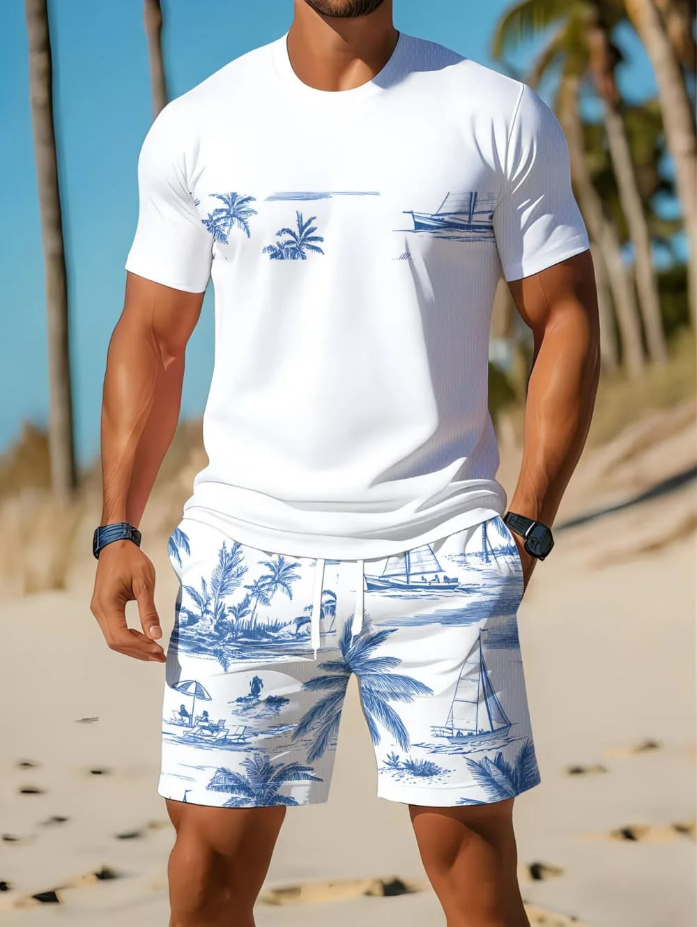 Men's Short Sleeve Palm Tree Print Shorts Set