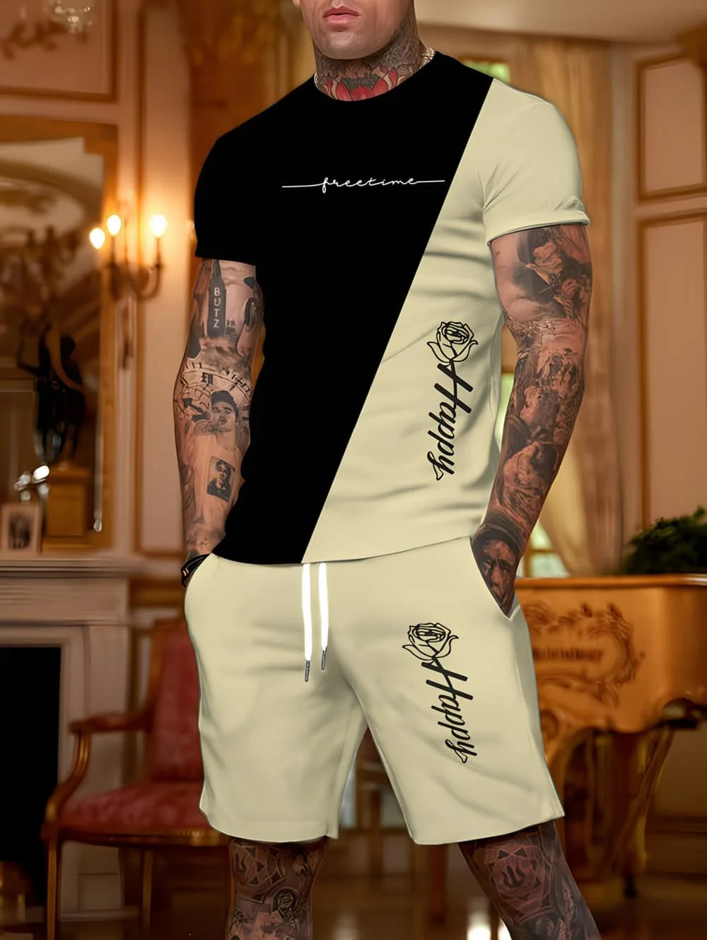 Men's Short Sleeve Palm Tree Print Shorts Set