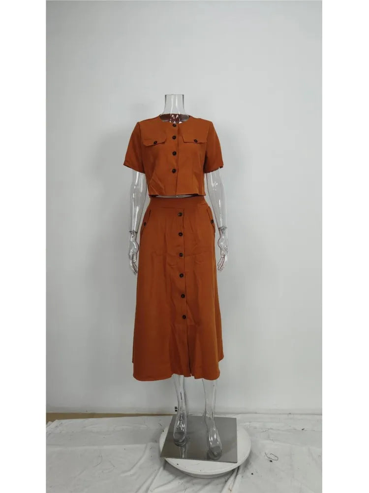 Women's Two Piece Summer Short Sleeve O-Neck Shirt and Skirt Set