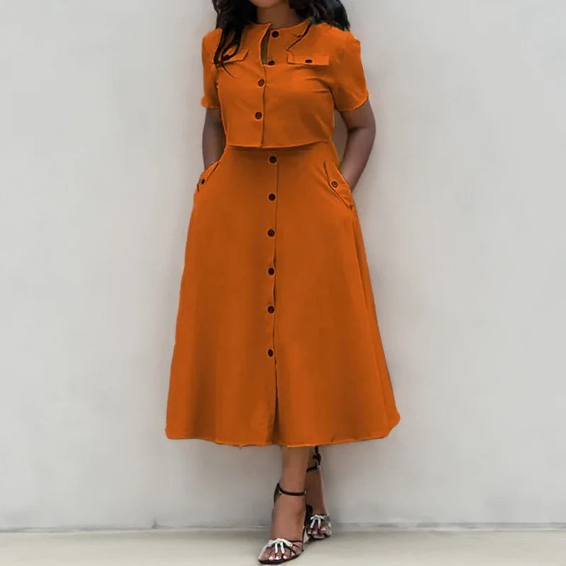 Women's Two Piece Summer Short Sleeve O-Neck Shirt and Skirt Set