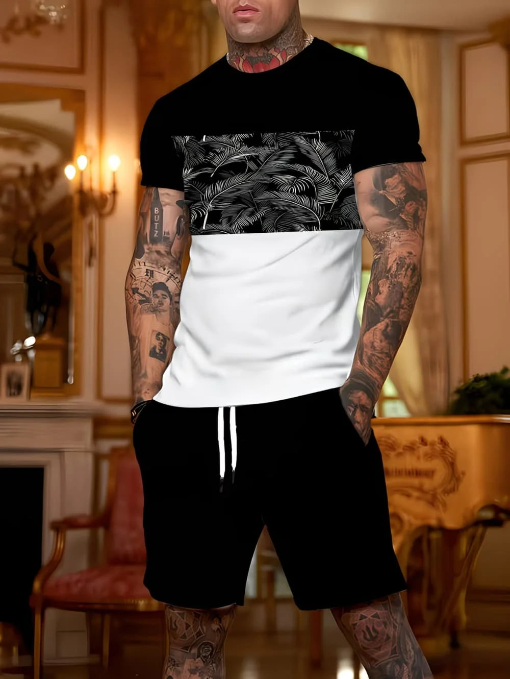 Men's Short Sleeve Palm Tree Print Shorts Set