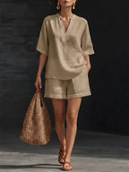 Women's Linen Loose Sleeve Shorts Set