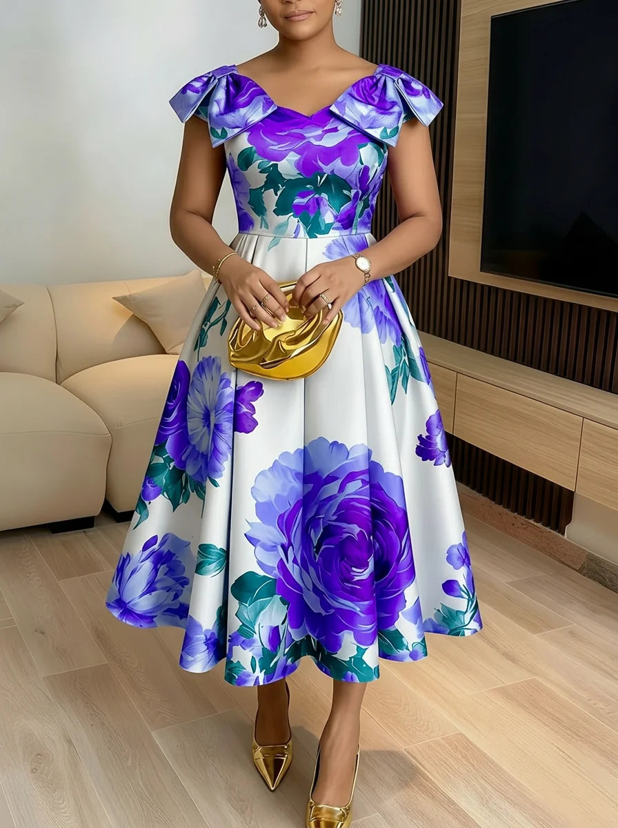 Women's Off Shoulder Bow Strap Floral Print Midi Swing Dress