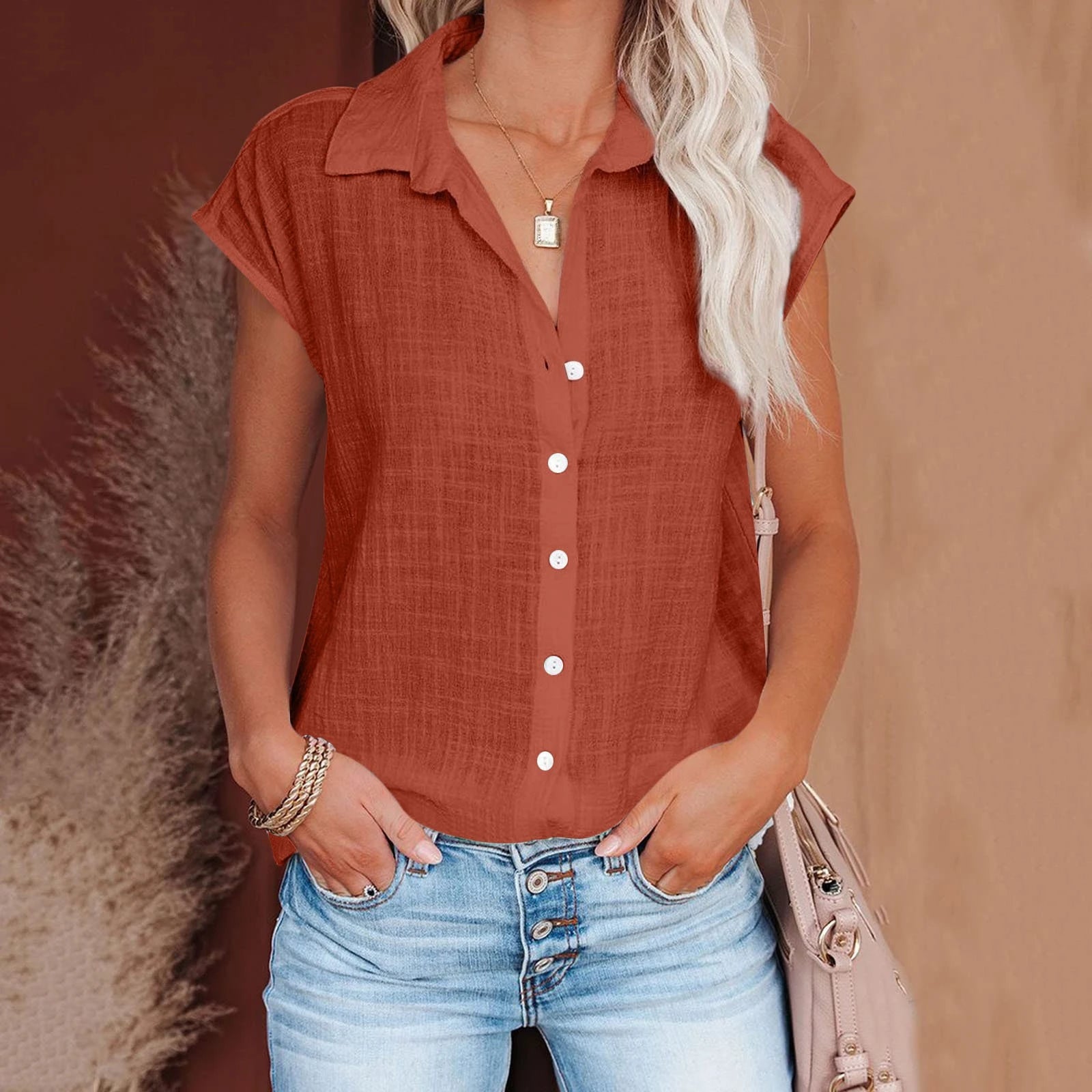 Women's Summer Solid Cotton Linen Shirt