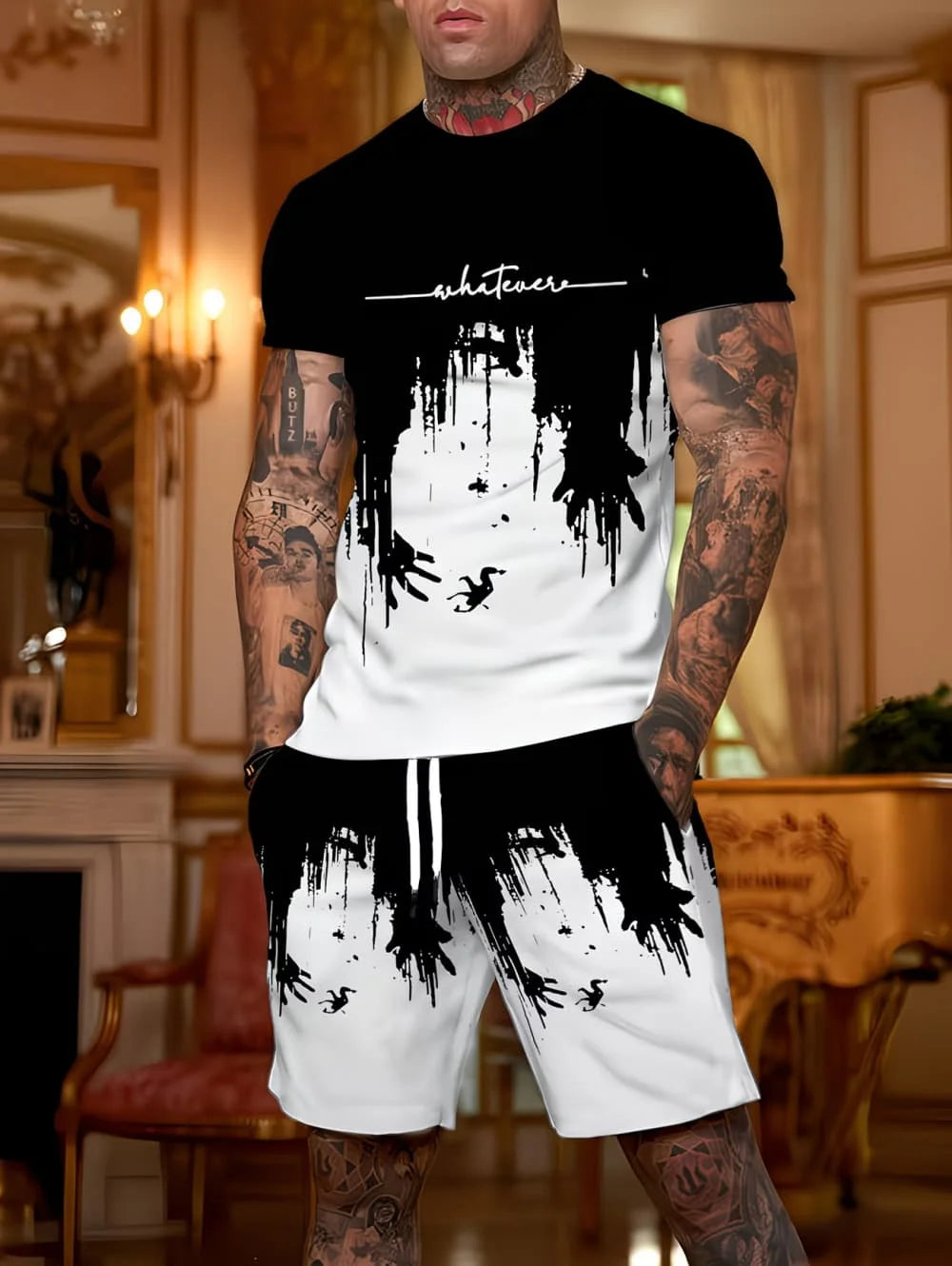 Men's Short Sleeve Palm Tree Print Shorts Set