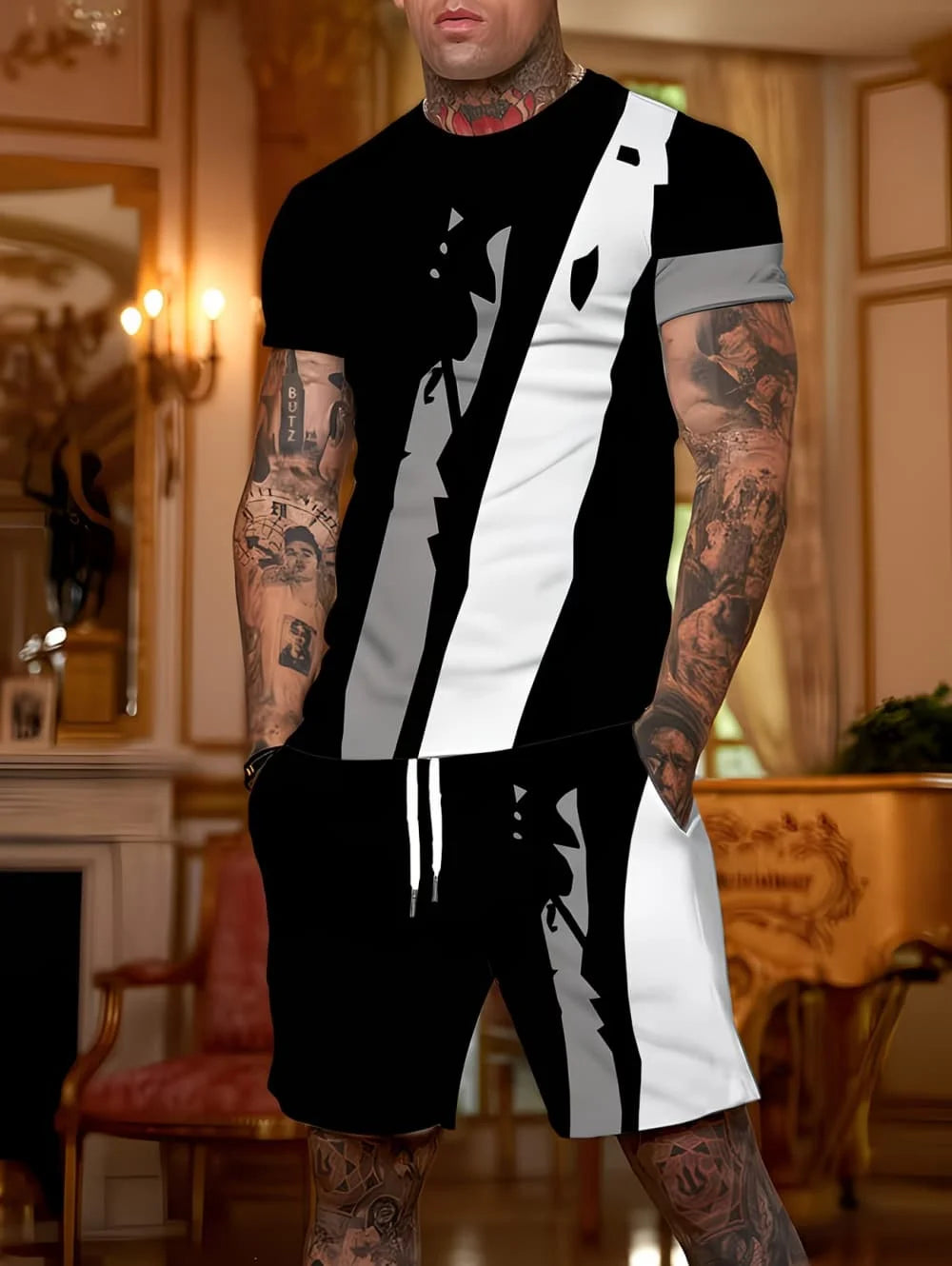 Men's Short Sleeve Palm Tree Print Shorts Set