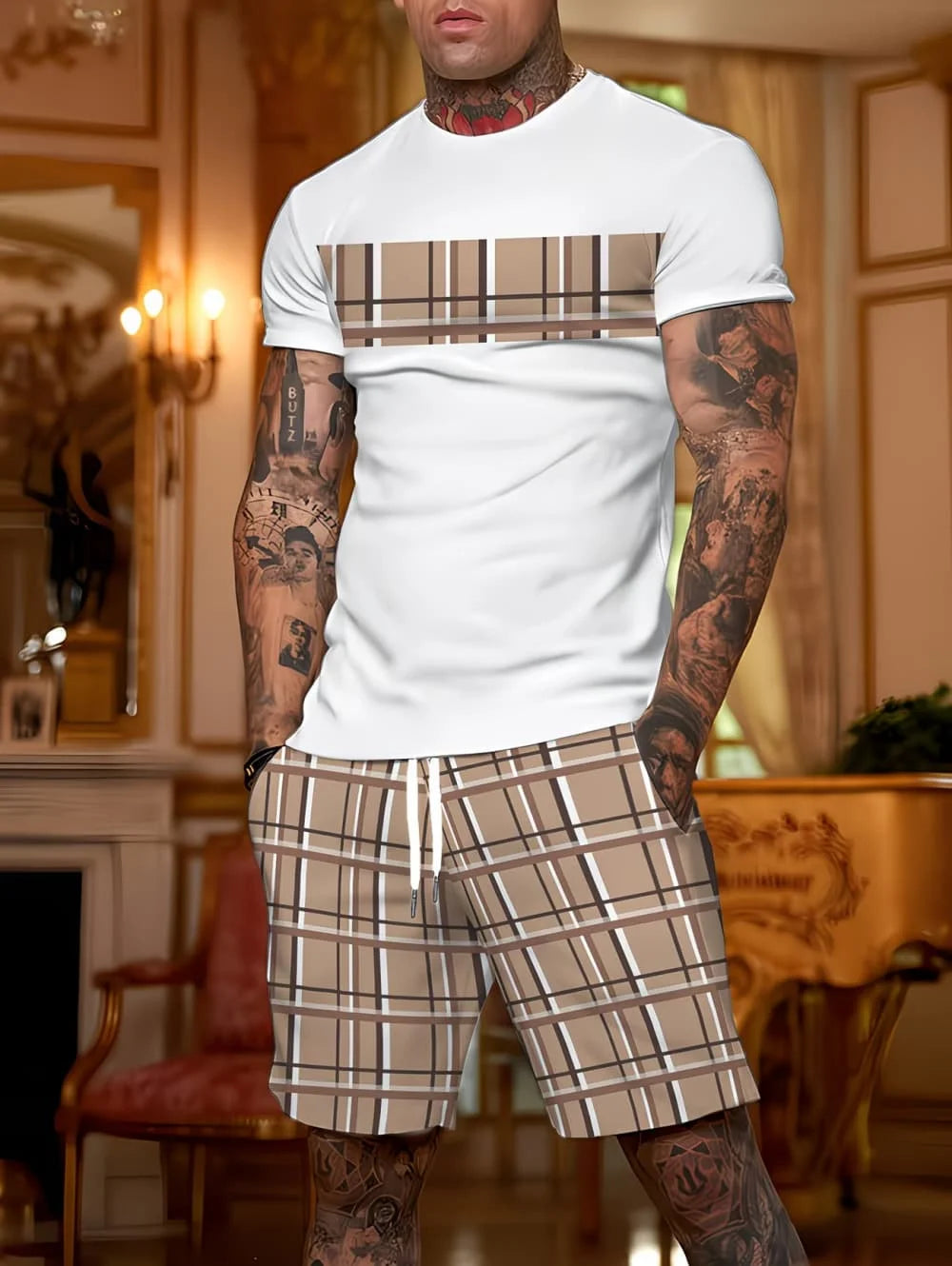 Men's Short Sleeve Palm Tree Print Shorts Set