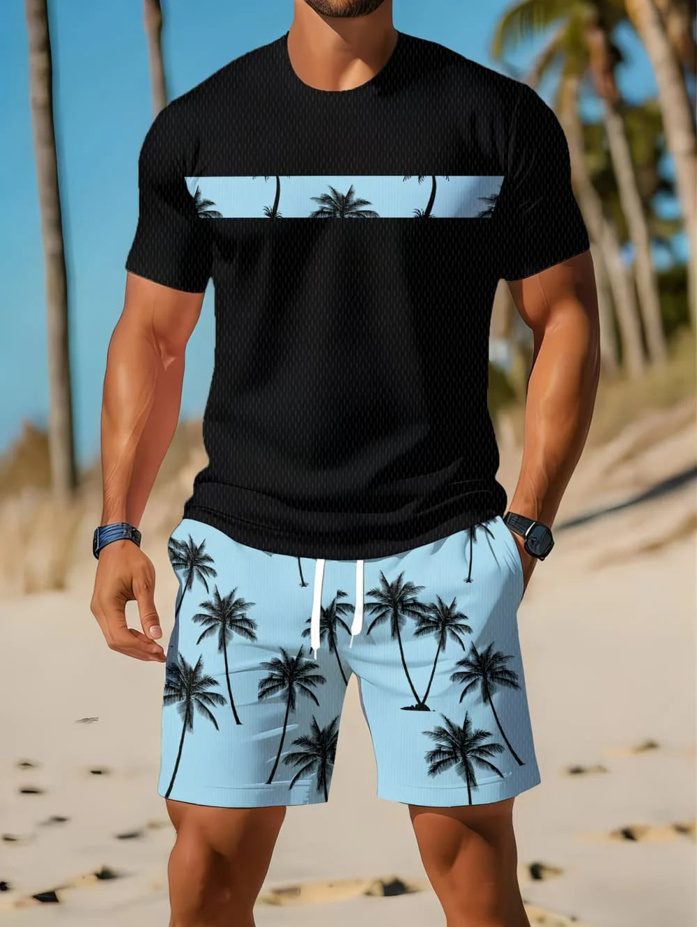 Men's Short Sleeve Palm Tree Print Shorts Set