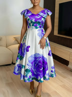 Women's Off Shoulder Bow Strap Floral Print Midi Swing Dress