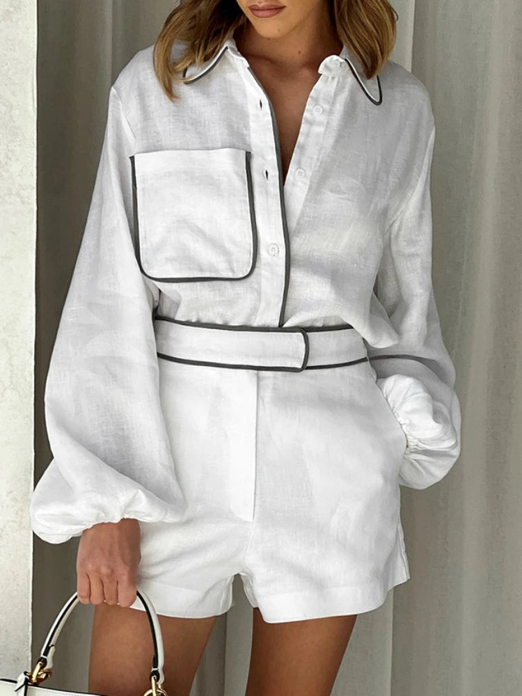 Women's Cotton Linen Long-Sleeved Black and White Shorts Set