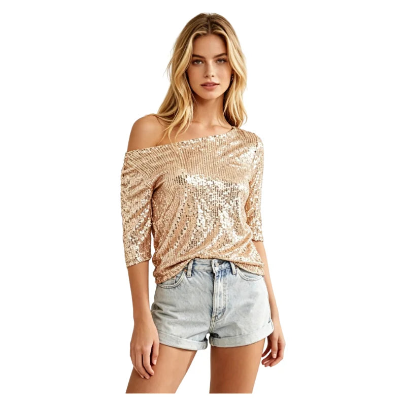 Women's Sequin Half-Sleeve Off Shoulder Glitter Blouse