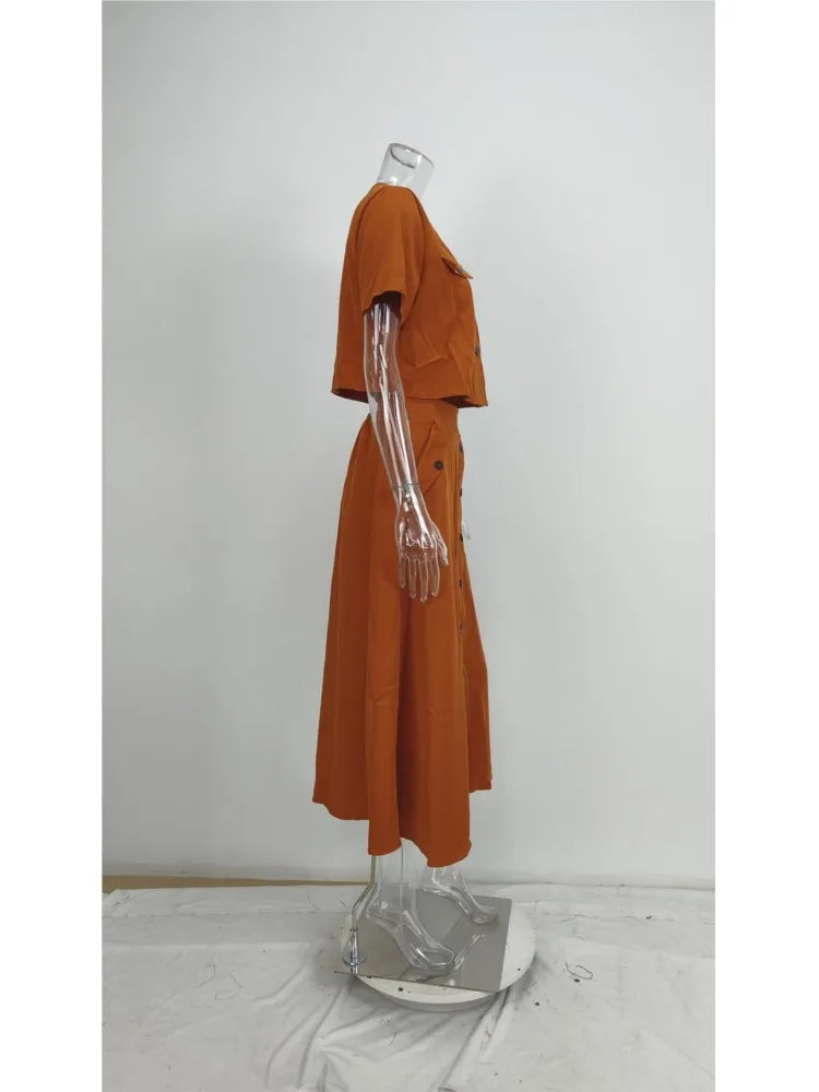Women's Two Piece Summer Short Sleeve O-Neck Shirt and Skirt Set