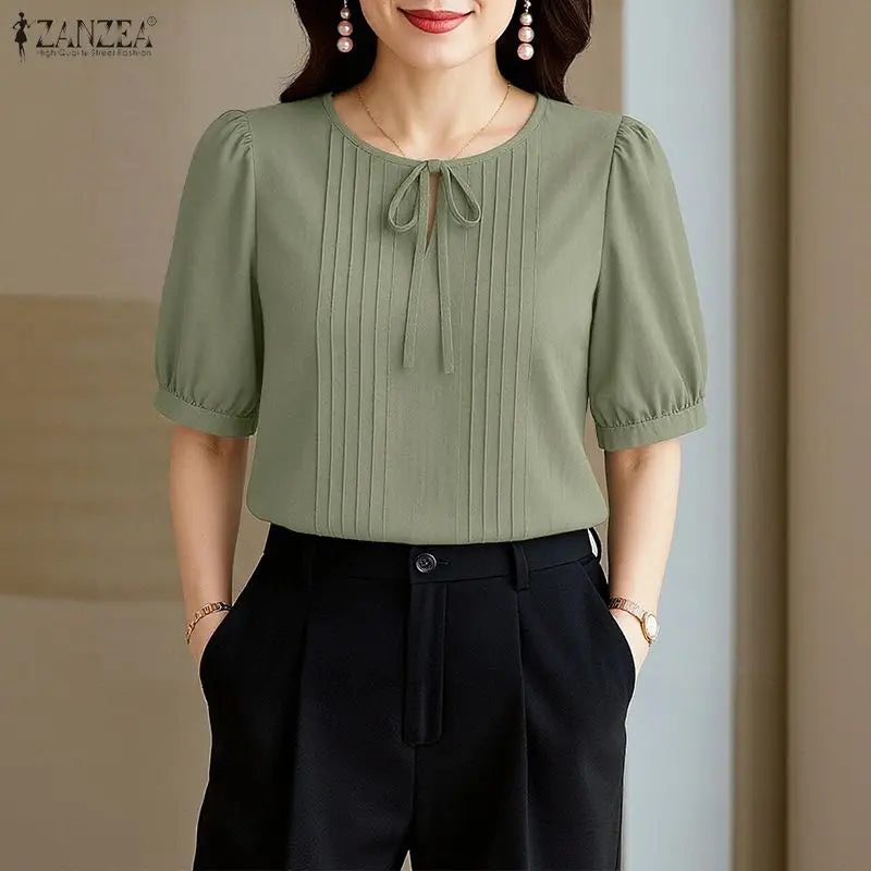 Women's Lace Up Blouse w/Puff Sleeves