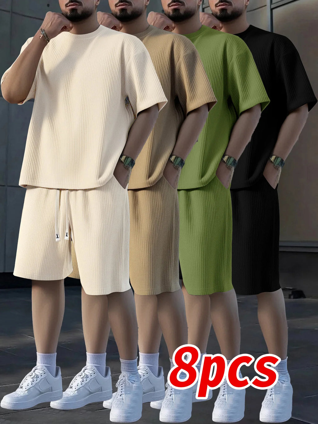 Men's 8-Piece Crew Neck Short Sleeve Shorts Set