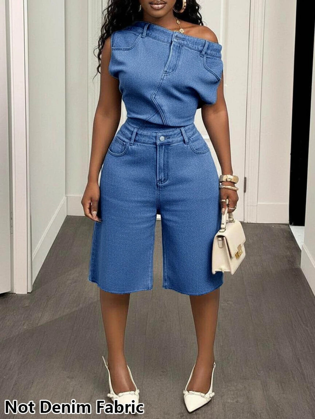 Women's Off Shoulder Sleeveless Fitted Top Matching Loose Knee Length Shorts