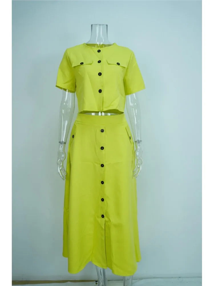 Women's Two Piece Summer Short Sleeve O-Neck Shirt and Skirt Set