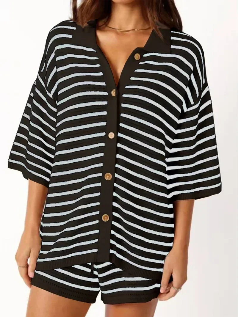 Women's Striped Color Patchwork Knitted Shorts Set