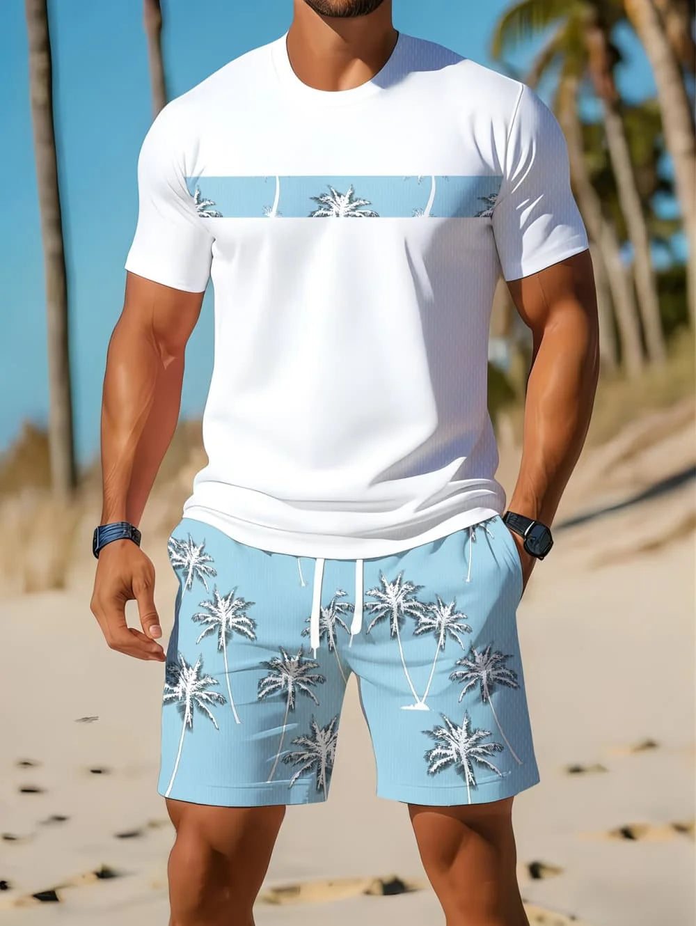 Men's Short Sleeve Palm Tree Print Shorts Set