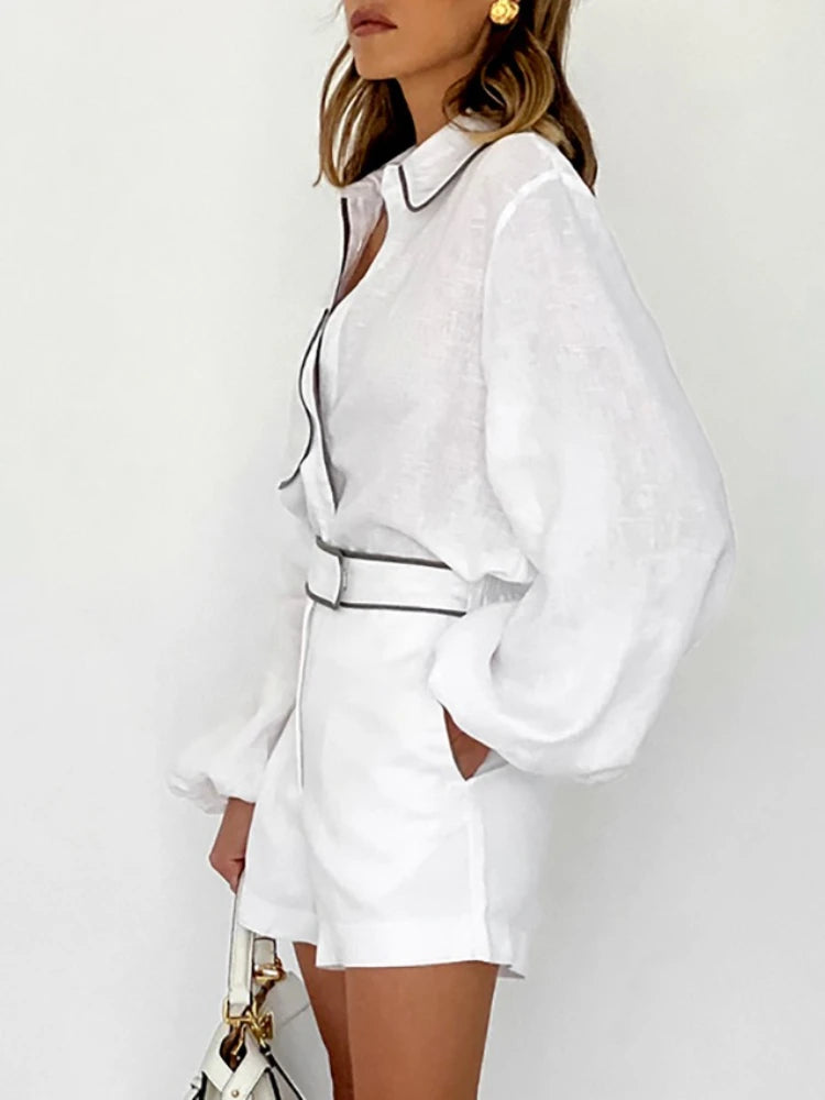 Women's Cotton Linen Long-Sleeved Black and White Shorts Set