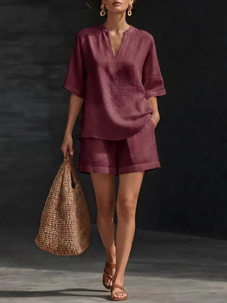Women's Linen Loose Sleeve Shorts Set