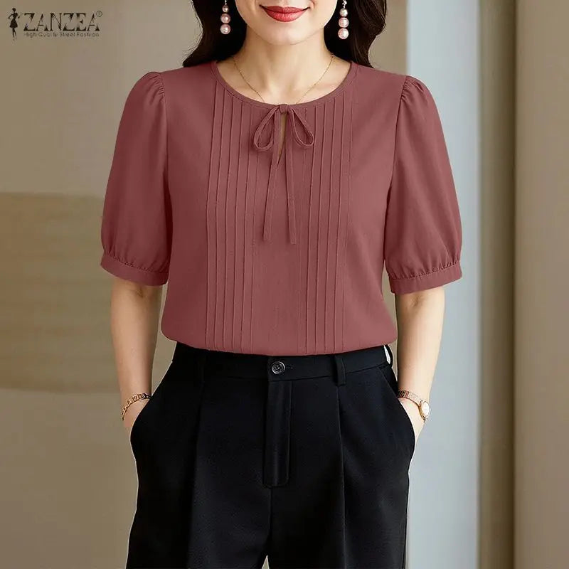Women's Lace Up Blouse w/Puff Sleeves