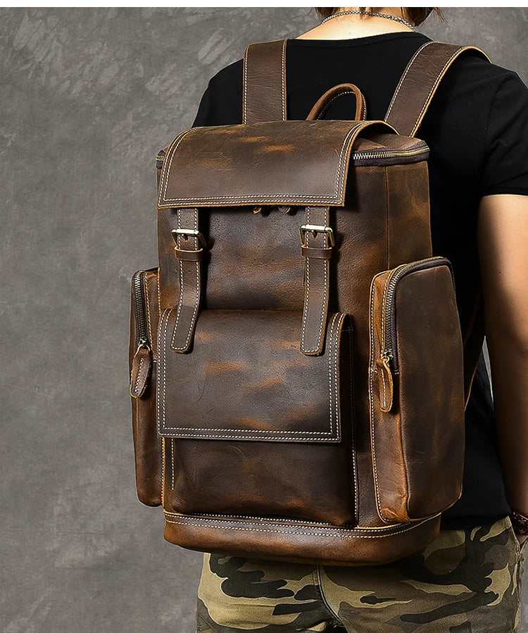 Vintage Crazy Horse Genuine Leather Hiking Backpack