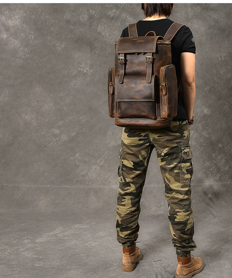 Vintage Crazy Horse Genuine Leather Hiking Backpack