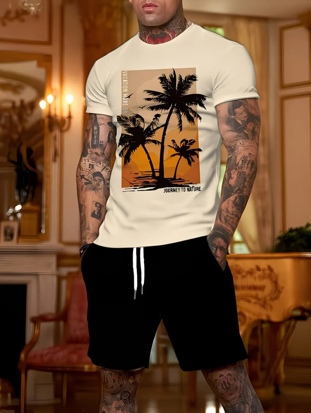 Men's Short Sleeve Palm Tree Print Shorts Set