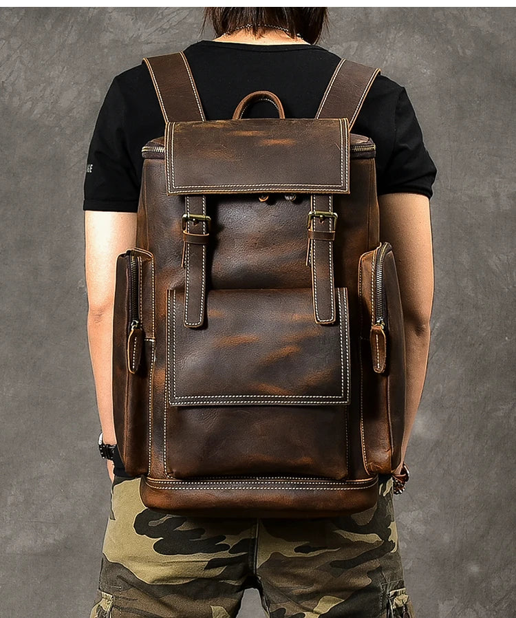 Vintage Crazy Horse Genuine Leather Hiking Backpack