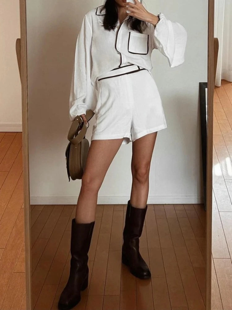 Women's Cotton Linen Long-Sleeved Black and White Shorts Set