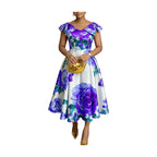 Women's Off Shoulder Bow Strap Floral Print Midi Swing Dress