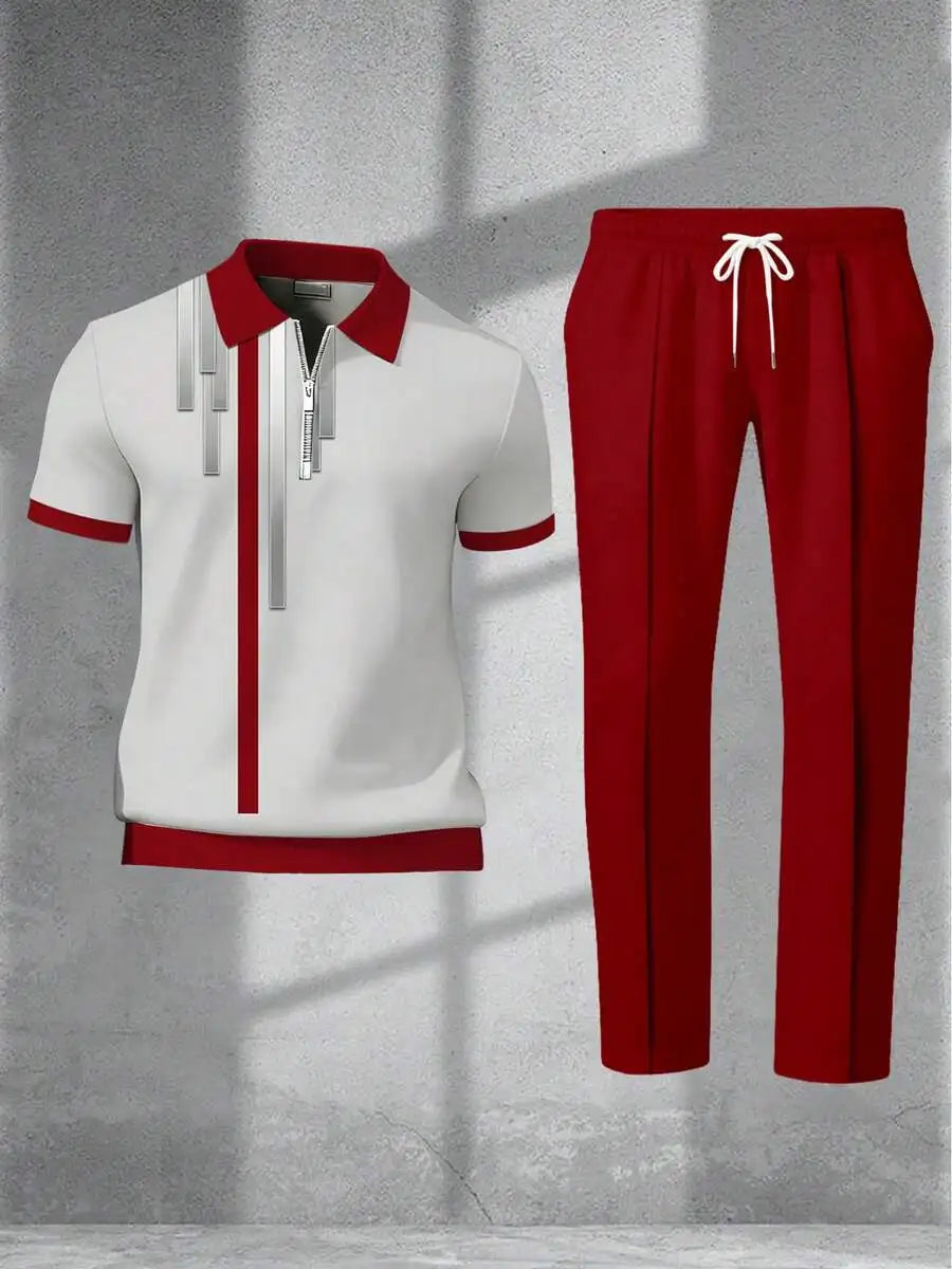 Men's Casual Red and White Streetwear Pants Set