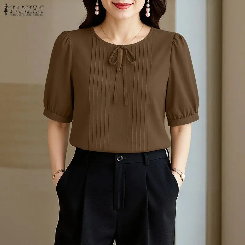 Women's Lace Up Blouse w/Puff Sleeves