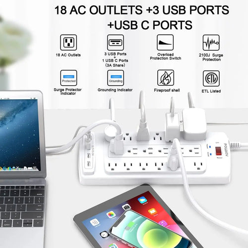 18-Outlet Surge Protector Power Strip with 4 USB Ports