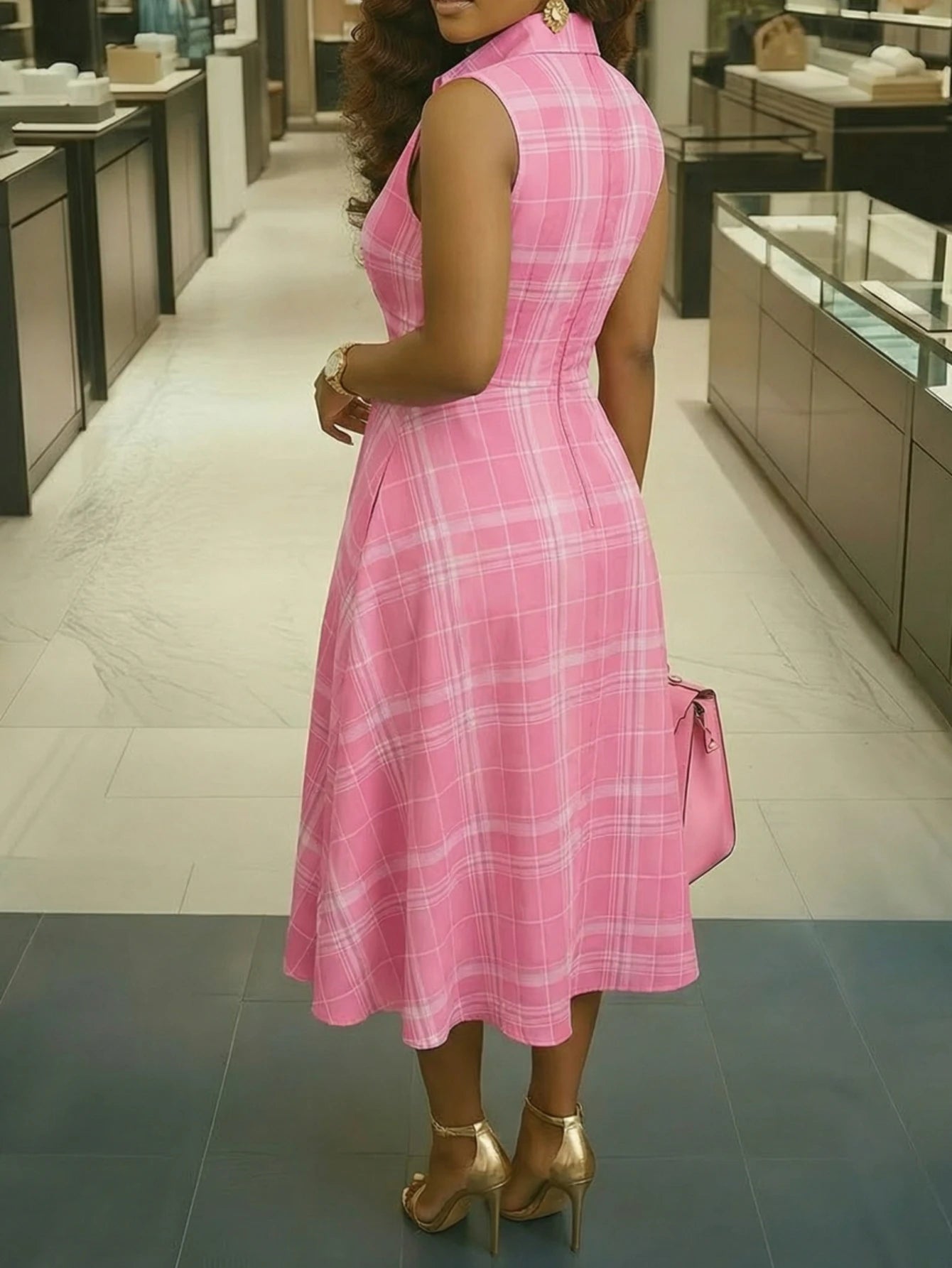 Women's Lapel Collar Sleeveless Plaid Print Midi Dress