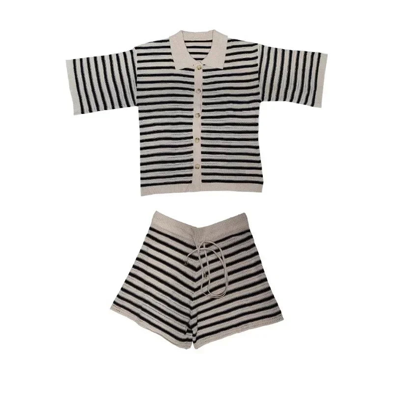 Women's Striped Color Patchwork Knitted Shorts Set