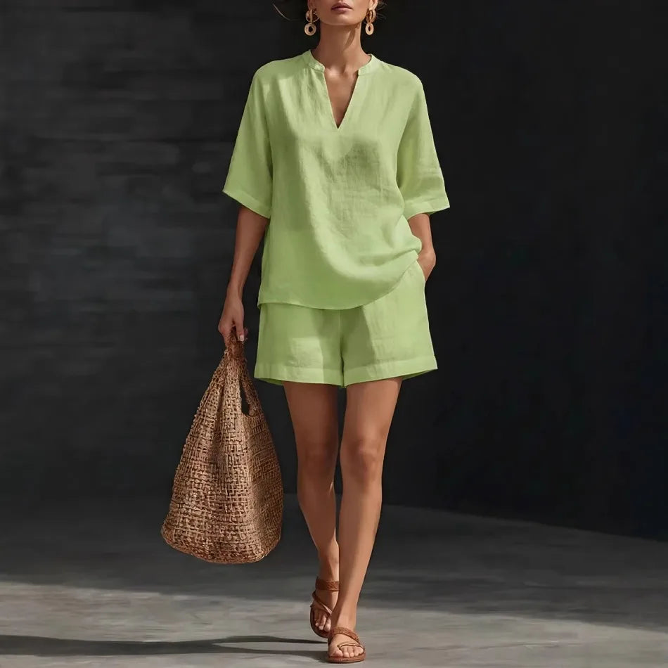 Women's Linen Loose Sleeve Shorts Set
