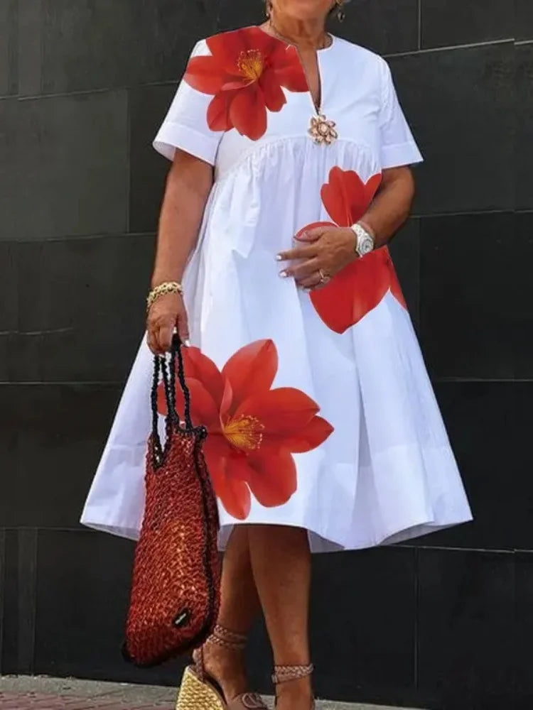 Women's Short Sleeve Pleated A-Line Dress