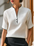 Women's Short Sleeve V-Neck Button Detail Blouse