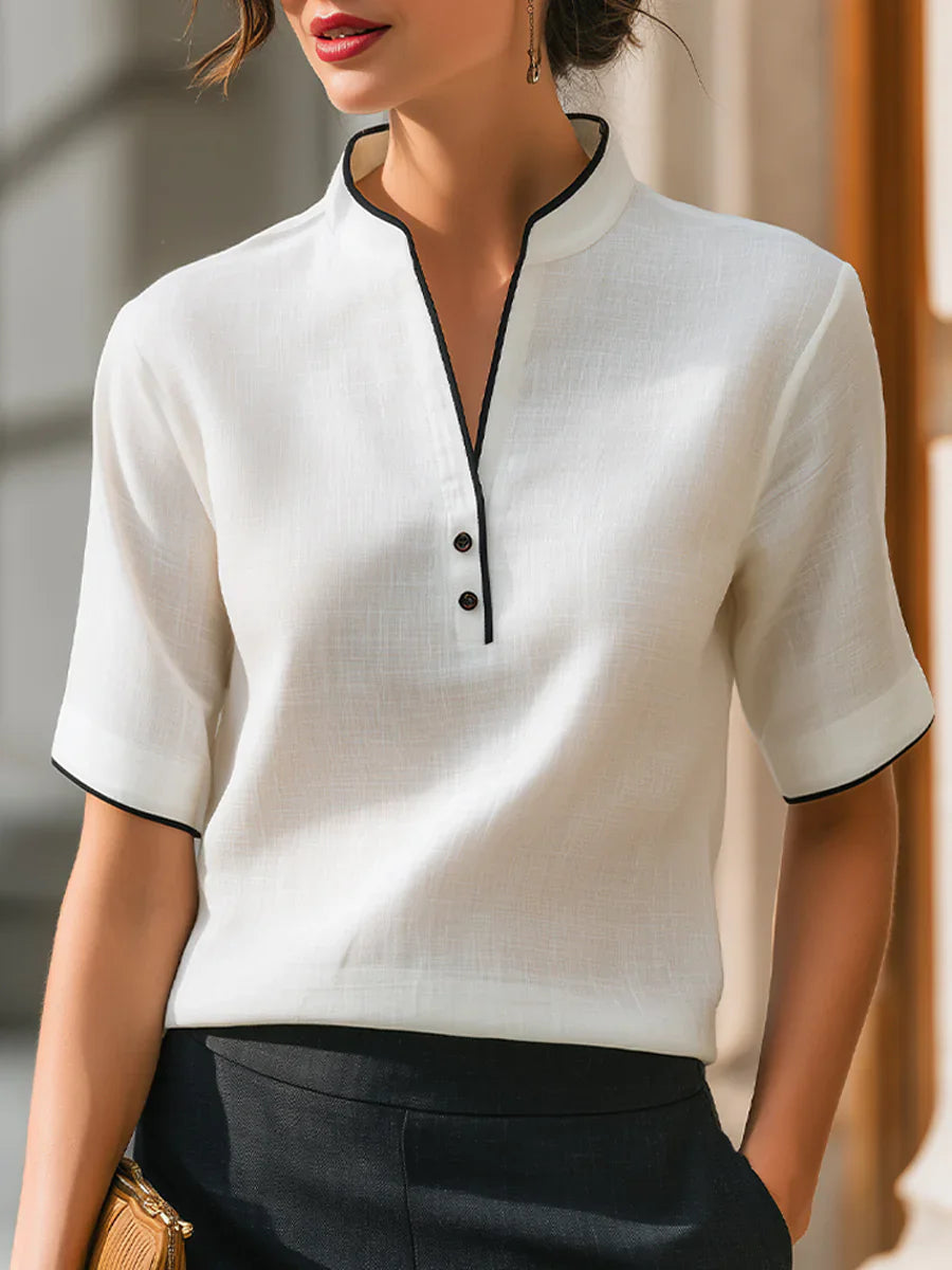 Women's Short Sleeve V-Neck Button Detail Blouse