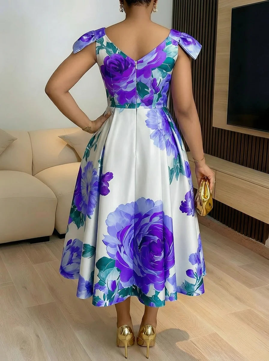 Women's Off Shoulder Bow Strap Floral Print Midi Swing Dress