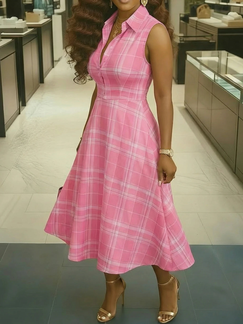 Women's Lapel Collar Sleeveless Plaid Print Midi Dress