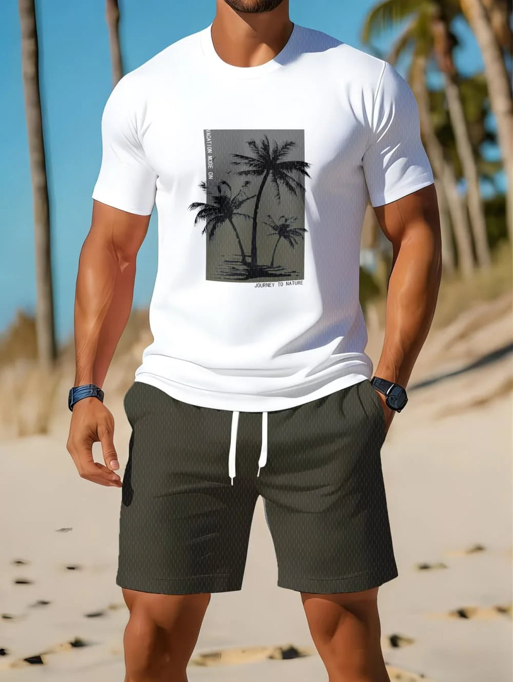 Men's Short Sleeve Palm Tree Print Shorts Set