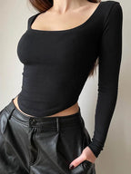 Square Collar Long Sleeve Casual Women's T-Shirt