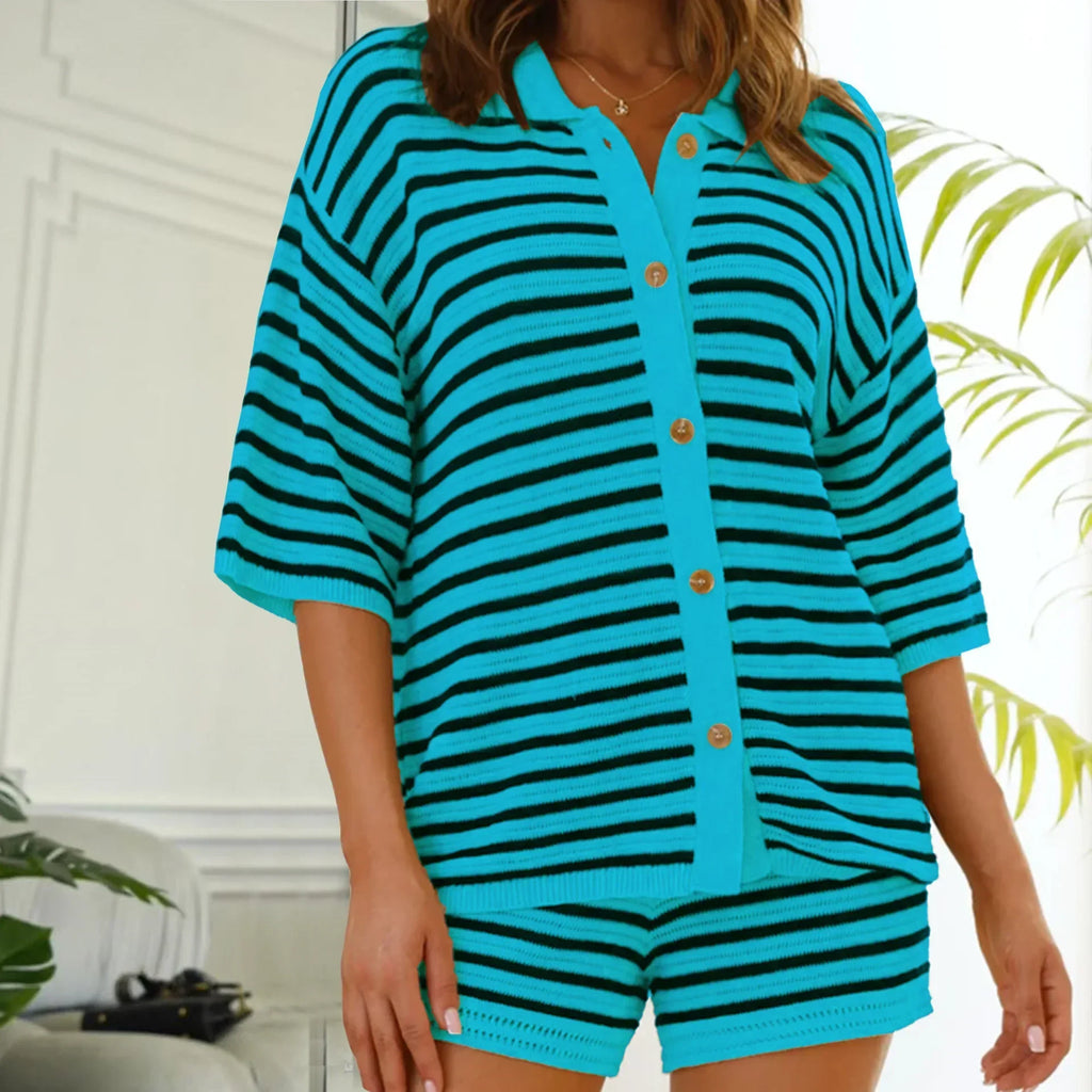 Women's Striped Color Patchwork Knitted Shorts Set