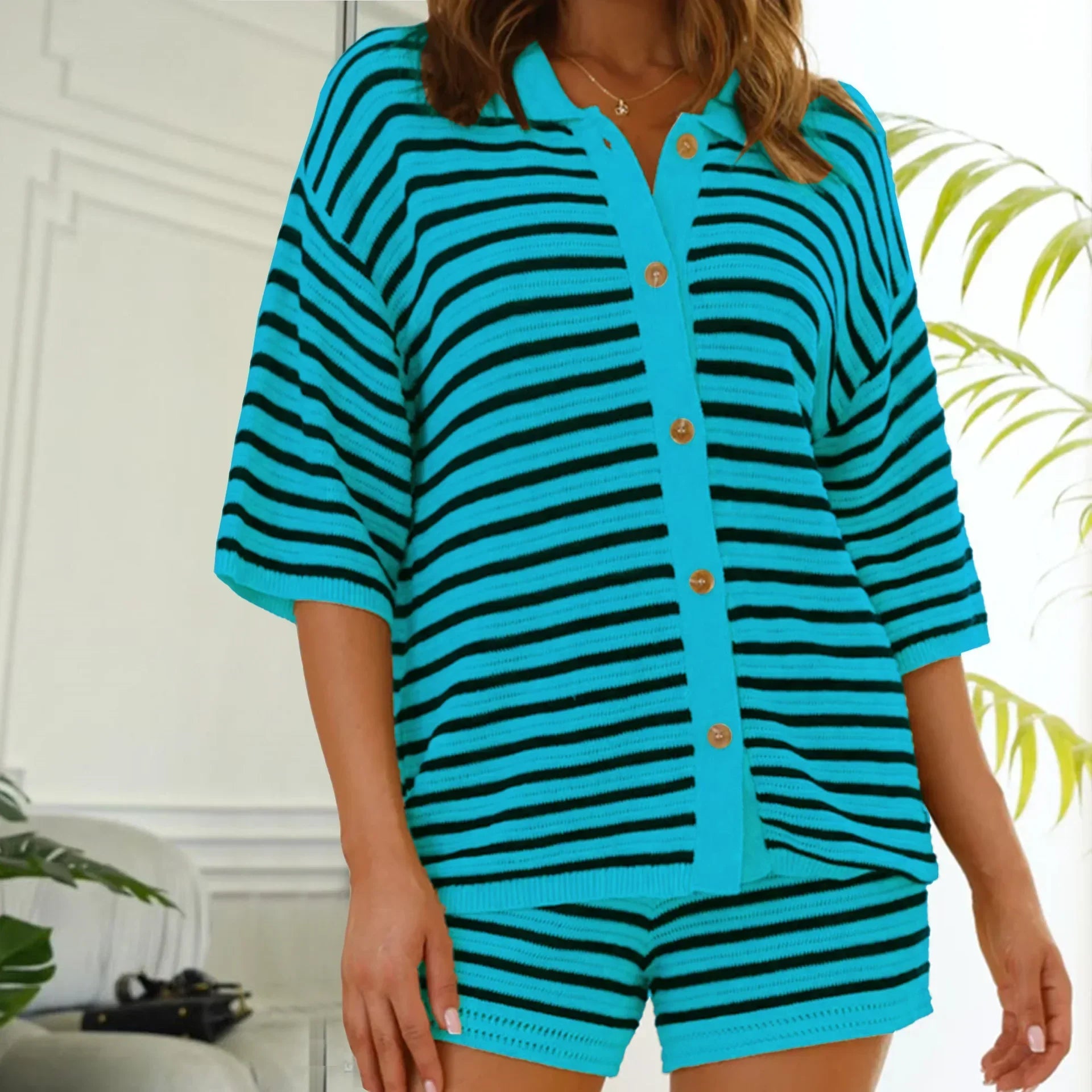 Women's Striped Color Patchwork Knitted Shorts Set