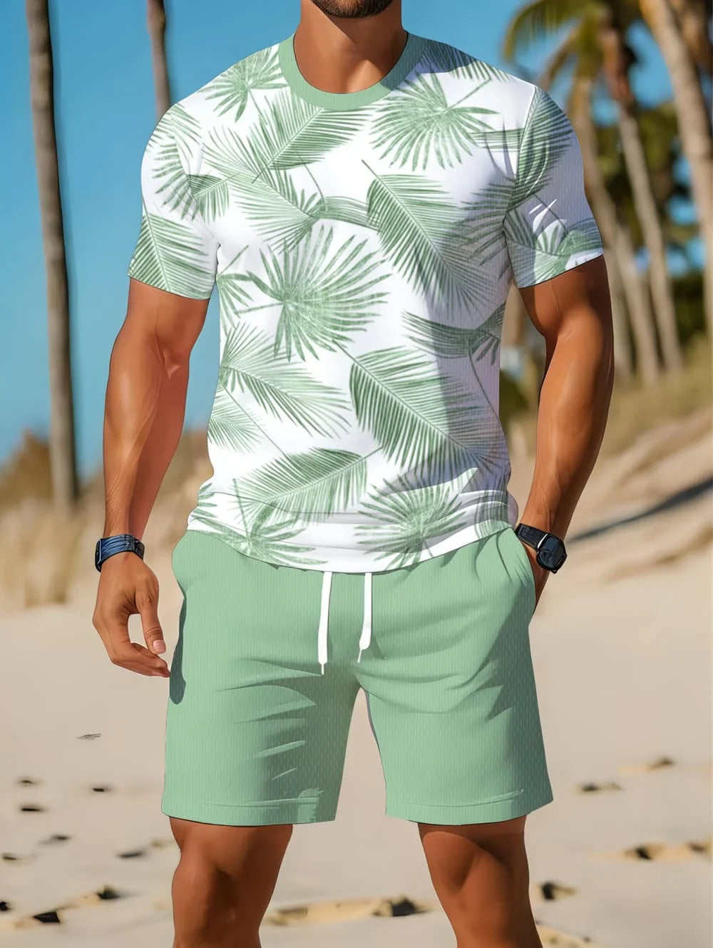 Men's Short Sleeve Palm Tree Print Shorts Set