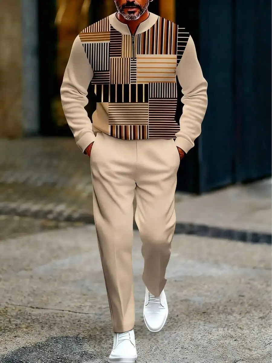 Men's Geometric Pattern with Zipper Top and Trousers Casual Outfit
