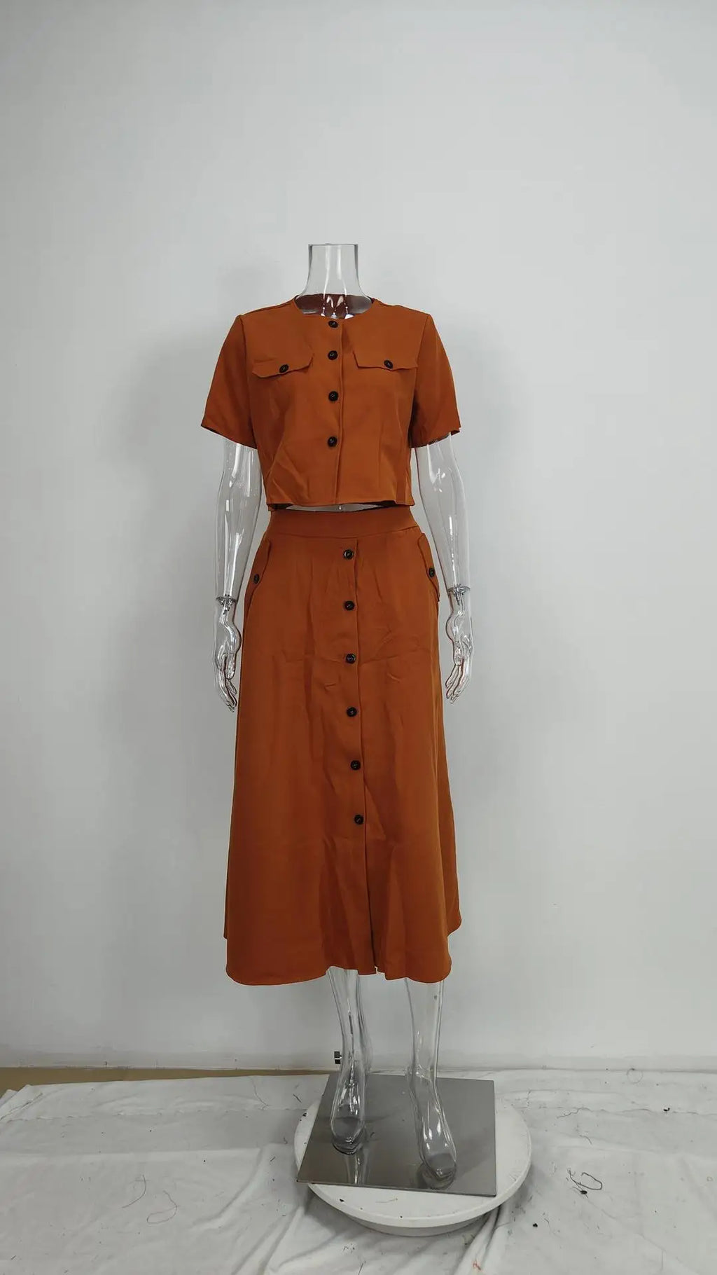 Women's Two Piece Summer Short Sleeve O-Neck Shirt and Skirt Set