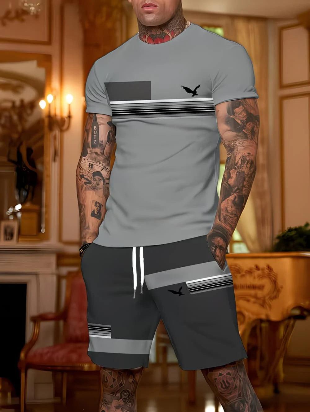 Men's Short Sleeve Palm Tree Print Shorts Set